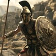 A battle-hardened warrior in ancient Sparta, helmet on, spear and shield ready for combat.
