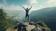 Triumphant Hiker. Joyful Man Celebrates Summit Success on Mountain Top. Lifestyle Concept of Achievement and Adventure. Young Male Climbing Forest Pathway Exudes Joy and Victory in Nature's Majesty.