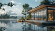 A floating house on a tranquil lake, with large windows and a canoe docked outside. with copy space for text