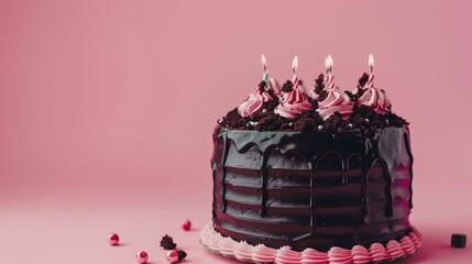 front view, horizontal image, chocolate birthday cake with berries, on an isolated pink background, with copy space for text. For banner, design, cafe, shop, menu, interior, card, invitation, flyer