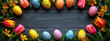 Easter style decoration banner. Coloured eggs and coloured tulips on dark grey wooden background. Holiday celebration greeting card. Copy space. Generative AI