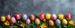 Easter style decoration banner. Coloured eggs and coloured tulips on dark grey background. Holiday celebration greeting card. Copy space. Generative AI