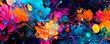 Vibrant flowers in a variety of hues spread across a black canvas, creating an abstract and captivating display of natures beauty. Banner. Copy space