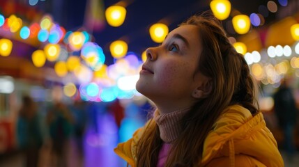 Wall Mural - A young girl looking up at a lighted sky with lights. Generative AI.