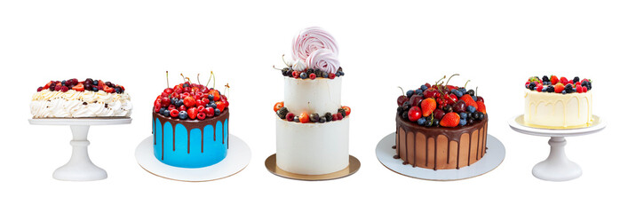 Wall Mural - Set of different summer cakes decorated with fresh berries, blueberry, strawberry, raspberry, cherry isolated on white background