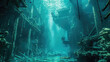 Sunbeams filter through the water illuminating the ruins of an ancient underwater cityscape, with buildings and structures engulfed by the sea