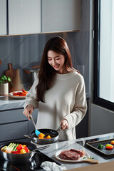 Wall Mural - A beautiful Asian girl prepares food in a modern kitchen