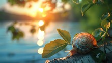 Nature S Slow Journey Snail Crawling On Leafy Tree By The Lake