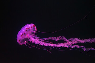 Wall Mural - Purple-striped Jellyfish, Chrysaora colorata swimming in dark water of aquarium tank illuminated with pink neon light. Aquatic organism, animal, undersea life, biodiversity