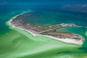 Wall Mural - Florida. Beach on Island. Panorama of Honeymoon Island State Park FL. Spring Break or summer vacation. Blue-turquoise color of salt water. Ocean or Gulf of Mexico USA. Tropical Nature. Aerial view