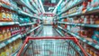 © MINHO - a close-up shot of a shopping cart looking blurry as it sits between shopping shelves