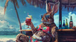 Anthropomorphic cute bunny sitting at a tropical beach bar and drinking a cocktail. Concept of summer, holidays, recreation