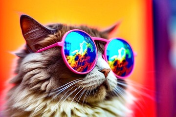 Wall Mural - Portrait of a fluffy cat in pink glasses on an orange background. Cat in sunglasses.