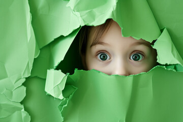 Wall Mural - looking through paper. Kids green eye peering through through green ripped paper. Kids with eye peeking through torn paper. Face of young boy visible through hole in color paper