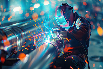skilled worker safely welding steel pipe in an advanced industrial factory, showcasing precision and