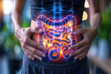 Visual demonstration of digestive tract, intestine, stomach, small colon, duodenum: illustrating issues like disease, pain, and nutrition, emphasizing the importance of gastrointestinal health.