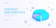 Blue pie chart icon in isometric view. Statistics and analytics. Progress report, growth data graphics, financial analysis diagram. Vector illustration for visualization of business presentation
