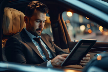 Wall Mural - A male businessman working on an electronic tablet in a car