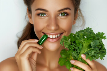 Wall Mural - The girl on the white background is smiling and holding nutritional supplements along with vegetables and greens fibre, healthy buds, health