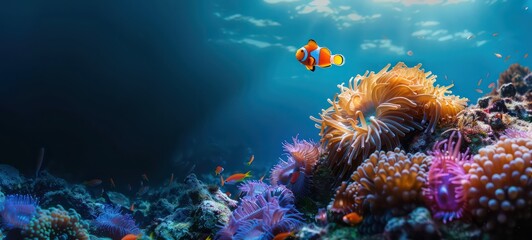 Poster - Clown fish swimming on anemone underwater reef background