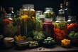 Artful jars of pickled vegetables arrangement