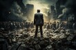 Businessman facing apocalyptic city ruins