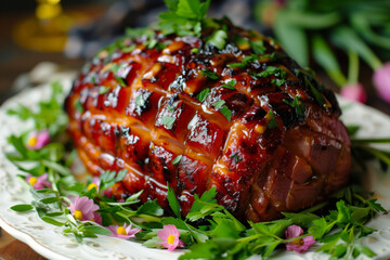 Wall Mural - An oven-baked piece of meat with a browned crust and herbs on a plate