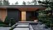 Main entrance door. Japanese, minimalist style exterior of villa in forest. Black panel walls and timber wood lining front door. Front yard with beautiful landscape design.