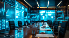 A boardroom with digital screens showing live global stock exchanges and big data analytics, with copy space