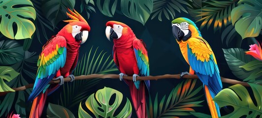 Wall Mural - illustration of three colorful parrots in the jungle and bold colors, simple background