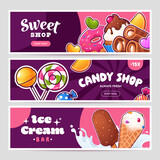 Fototapeta Łazienka - Candy and sweet shop creative advertising banners design. Ice Cream cafe banner. Sweets and baked goods. Ideal for discount coupon, web ad, invitation , etc. Vector illustration.