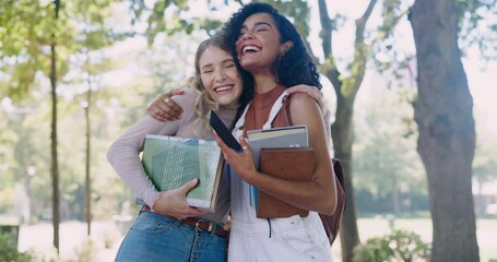 Poster - Education, phone and student friends hugging on university campus together in summer. School, college and study with greeting embrace of young women outdoor at academy for learning scholarship