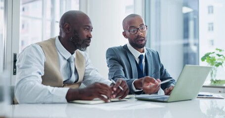 Poster - Business people, teamwork and men with laptop, conversation and accountant with help. Financial adviser, coworkers and manager with employee and broker with computer and partnership with b2b deal