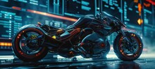 Realistic Cyberpunk Motorbike In Dark Mood. Big Vehicle Bike With Cool Futuristic Design, Vivid Color Scheme