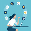 Expert. The woman perfectly controls office work. Business woman and rotating business icons. A metaphor for perfect working skills. Business vector illustration. 