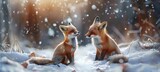 Fototapeta Dziecięca - Red fox in white snow. Cold winter with two pait couple orange furry fox. Two small cute foxes in the snow,illustration,animals in the snow
