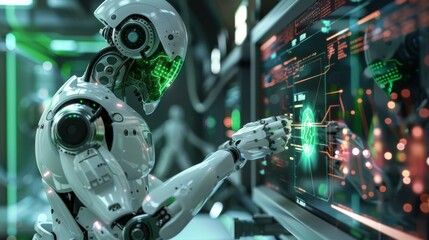a robot crafting glowing green anti-virus software in a cyber lab