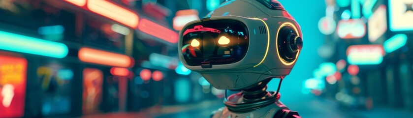 A robotic VR game developer testing a fluorescent teal virtual world