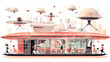 Retro-style space diner with flying saucers and ali