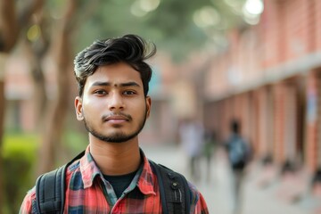 Wall Mural - Young Man with a Checkered Shirt Outdoors at University Campus. Generative AI.