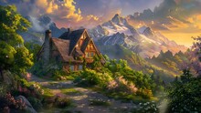 Idyllic Mountain Abode Surrounded By Majestic Peaks With Winding Trail. Seamless Looping 4k Video Animation