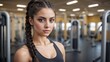 Portrait of a beautiful young woman with dark brown braided hair wearing athletic clothes with a gym and gym equipment in background