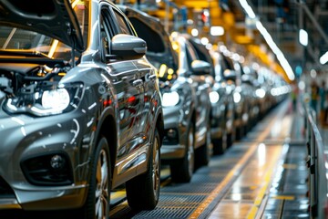 Poster - A line of cars are being manufactured in a factory