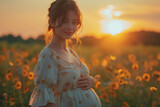 Fototapeta  - Close-up of pregnant woman with hands on her belly on sea background. Silhouette of pregnant woman in white dress in sunlight of sunset. Concept of pregnancy, maternity, expectation for baby birth.