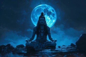 Poster - A man meditating under a full moon