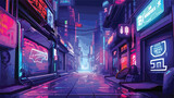 Fototapeta Londyn - Sci-fi cyberpunk alleyway with glowing neon signs a