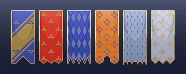 Isolated vector set of flags with heraldry elements. Fabric template of vertical flag or banner with gold frame. Royal pennant, tournament flag with pattern. Abstract geometric grid, medieval symbols.