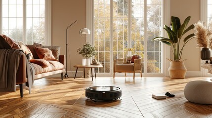 Wall Mural - A D visual of a robotic vacuum cleaner traversing around a stylish home AI generated illustration