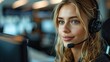 vertical side view of beautiful blond hair call canter agent working with group of operators in office 