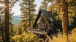 A cozy A-frame cabin nestled in the mountains surrounded by pine trees AI generated illustration